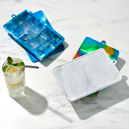 Ice Cube Tray with Lid, Makes 15 1.25" Cubes, Durable Silicone Trays, Perfect for Cocktails, Beverages, Mocktails, Iced Coffee, Tea, Infused Water, Kitchen Essentials, Set of 1, Blue Marble