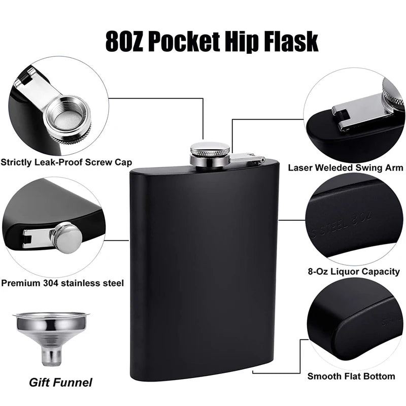Matte Black Hip Flask for Liquor Stainless Steel Leak Proof with Funnel Flask Set Drinking Whiskey Flask KC0454