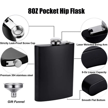 Matte Black Hip Flask for Liquor Stainless Steel Leak Proof with Funnel Flask Set Drinking Whiskey Flask KC0454