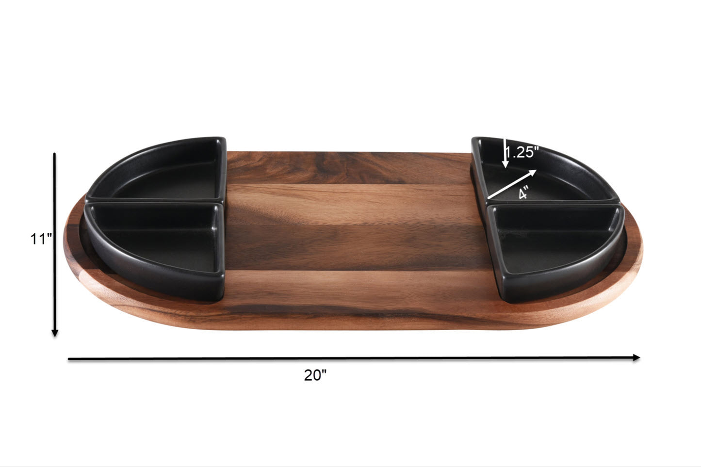 Charcuterie/ Serving Tray w/ 4 black triangular ceramic bowls