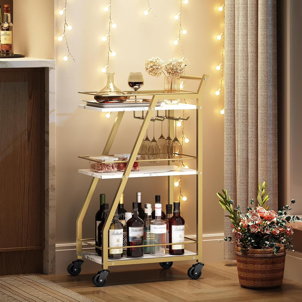 Bar Cart, Gold Bar Cart for the Home, Small Bar Cart on Wheels, Beverage Cart, Home Bar Serving Cart with Glass Holder, Drink Cart for Bar, Kitchen, Marble White and Gold