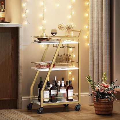 Bar Cart, Gold Bar Cart for the Home, Small Bar Cart on Wheels, Beverage Cart, Home Bar Serving Cart with Glass Holder, Drink Cart for Bar, Kitchen, Marble White and Gold