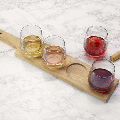 Wine Flight Tasting Board with 4 Stemless Wine Glasses - 18.5 Inch Natural Wood Serving Board, 12 Oz Glasses, Complete Wine Tasting Kit for Home Entertaining
