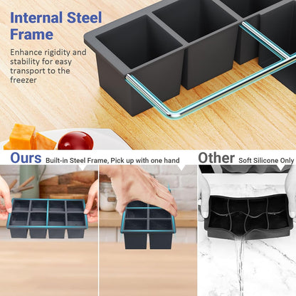 Large Ice Cube Trays for Whiskey:  Big Silicone Ice Cube Trays 2Inch - Huge Square Ice Cubed Tray for Whisky and Cocktail