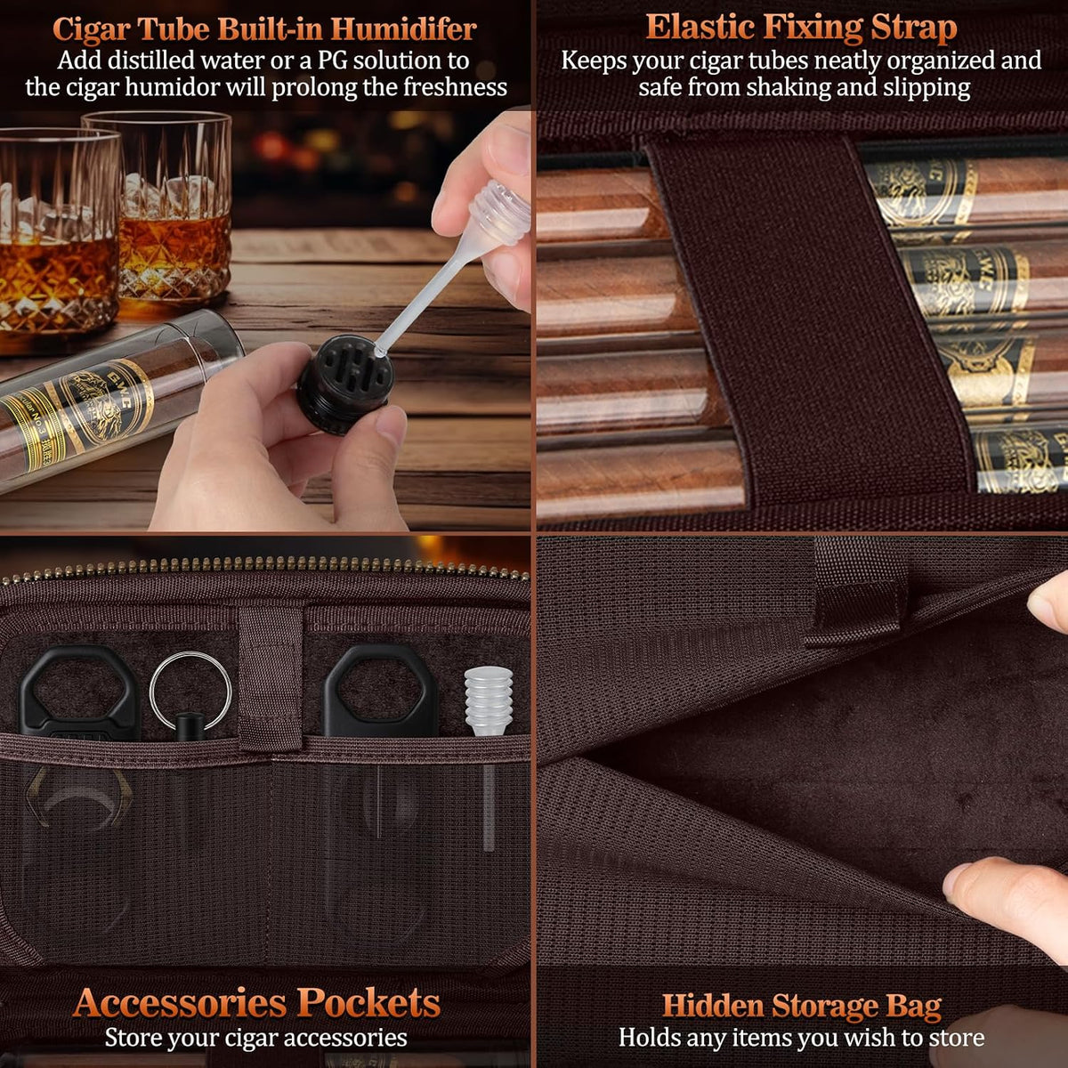 Travel Cigar Humidor Case, Portable Cigar Bag with 4 Cigar Tubes, Leather Cigar Case Include Straight Cutter, V Cutter, Hole Puncher, Gift Set for Cigar Lovers, Lighter Not Included (Black)
