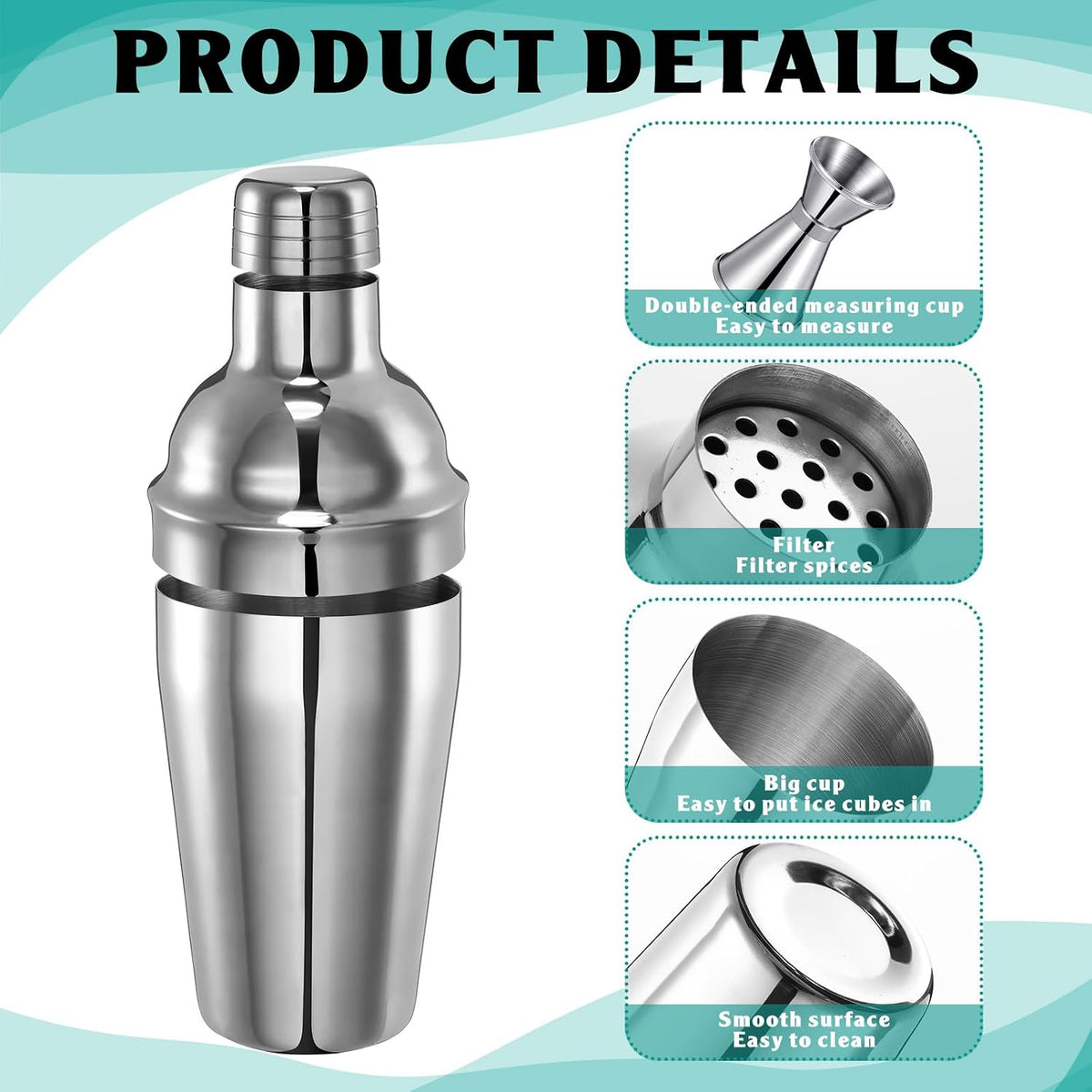 Cocktail Shaker Set Martini Shaker Bulk Stainless Steel Martini Mixer with Strainer and Double Measuring Jigger for Bar Party Home Use Wine Bar(18 Oz/ 550 Ml,4 Packs)