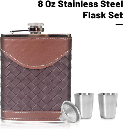 Hip Flasks for Men 8Oz Leather Flask Gift Set,304 Stainless Steel Flask Set W/Funnel Shot Glasses Lovely Gift for Whiskey Rum Groomsman Best Man Usher Wedding Camping-Leather Stripe Black8Oz
