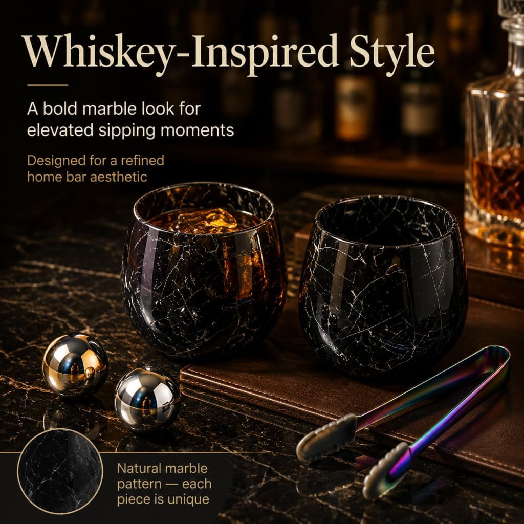 Natural Marble Whiskey Tumbler Gift Set with 2 Cooling Stones and Clamps | Hand-Ground, Zero-Dilution Cooling Technology, the Preferred Choice for Holiday Gifts, Elegantly Designed Decorative Items