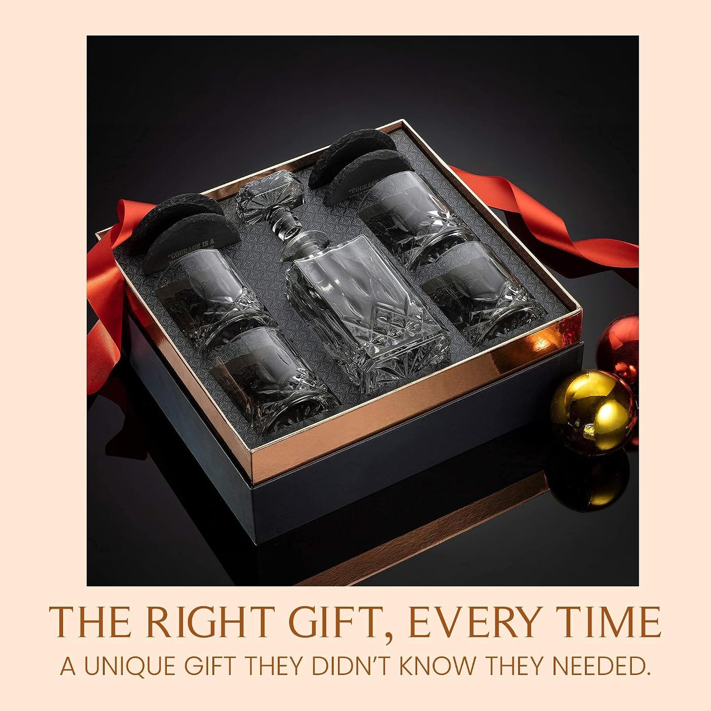 Luxury Whiskey Decanter Gift Set - 25Oz Crystal Decanter, 4 Old-Fashioned Glasses, 4 Slate Coasters with Diamond Pattern Premium Black Gift Box