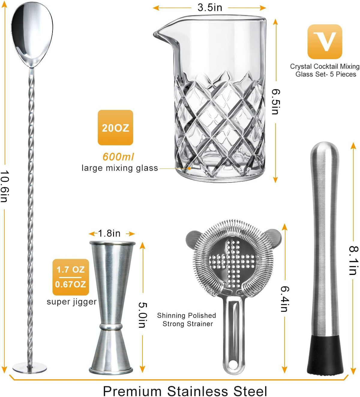 Cocktail Mixing Glass Set,Bar Mixing Set with 20Oz Crystal Thick Bottom Glass,Spoon, Jigger,Strainer and Muddle,5 Pieces Cocktail Mixing Glass Kits Perfect for Amateurs and Bartenders