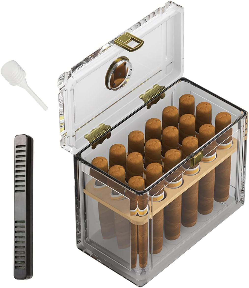 Acrylic Cigar Humidor with Humidifier and Hygrometer, Desktop Cigar Case Box with Spanish Cedar Cigar Tray That Can Hold about 18-50 Cigars