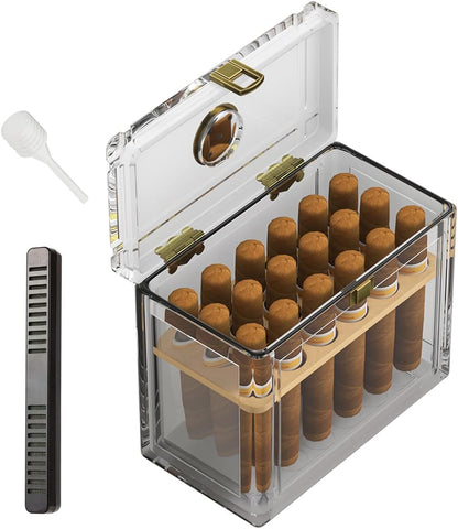 Acrylic Cigar Humidor with Humidifier and Hygrometer, Desktop Cigar Case Box with Spanish Cedar Cigar Tray That Can Hold about 18-50 Cigars