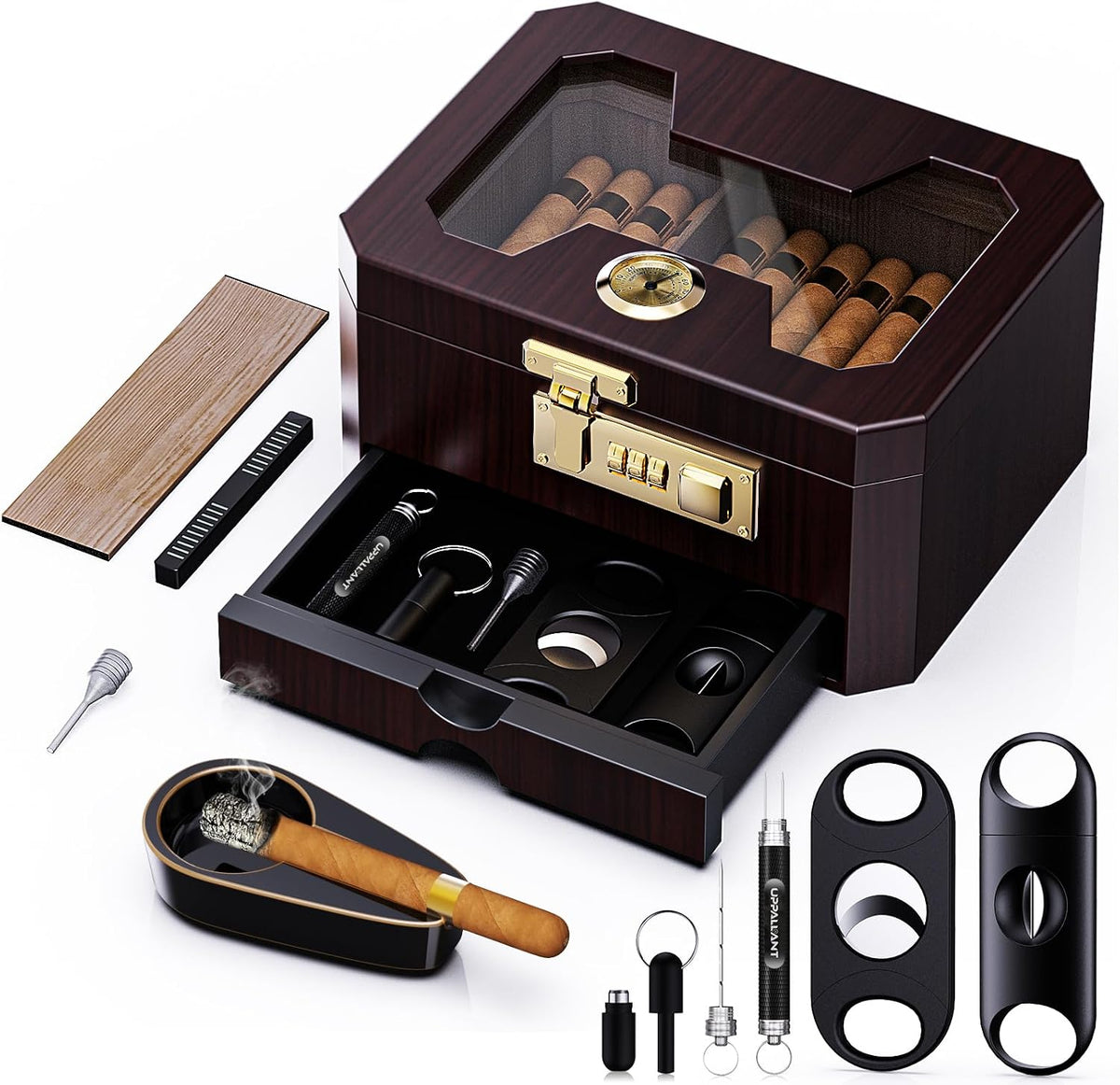 Cigar Humidor, Cedar Wood Desktop Humidor Cigar Box with Combination Lock, Glass Top Storage with Hygrometer & Humidifier, Accessory Drawer and Divider, Complete Cigar Accessories, Cigar Gifts for Men