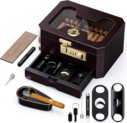 Cigar Humidor, Cedar Wood Desktop Humidor Cigar Box with Combination Lock, Glass Top Storage with Hygrometer & Humidifier, Accessory Drawer and Divider, Complete Cigar Accessories, Cigar Gifts for Men