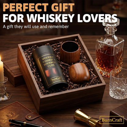 Charred Wooden Whiskey Glass Set of 2 - Artisan Bourbon Tumbler for Men - Natural Wood Drinking Cup for Whiskey Lovers - Gift for Husband, Father, Brother or Boyfriend - Gifts for Men and Father’S Day