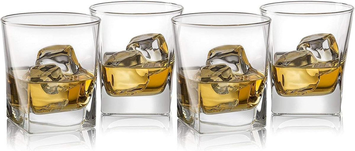 Double Old Fashioned Whiskey Glass (Set of 4) with Granite Chilling Stones - 10 Oz Heavy Base Rocks Barware Glasses for Scotch, Bourbon and Cocktail Drinks