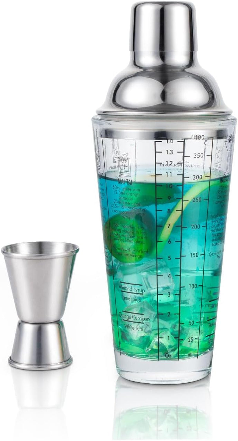 Glass Cocktail Shaker with Strainer, 14Oz Martini Shaker with 6 Recipes on Side, Clear Drink Shaker Bottle with Measurements, Bar Shakers Set Bartender Kit for Mixing Cocktail, Margarita