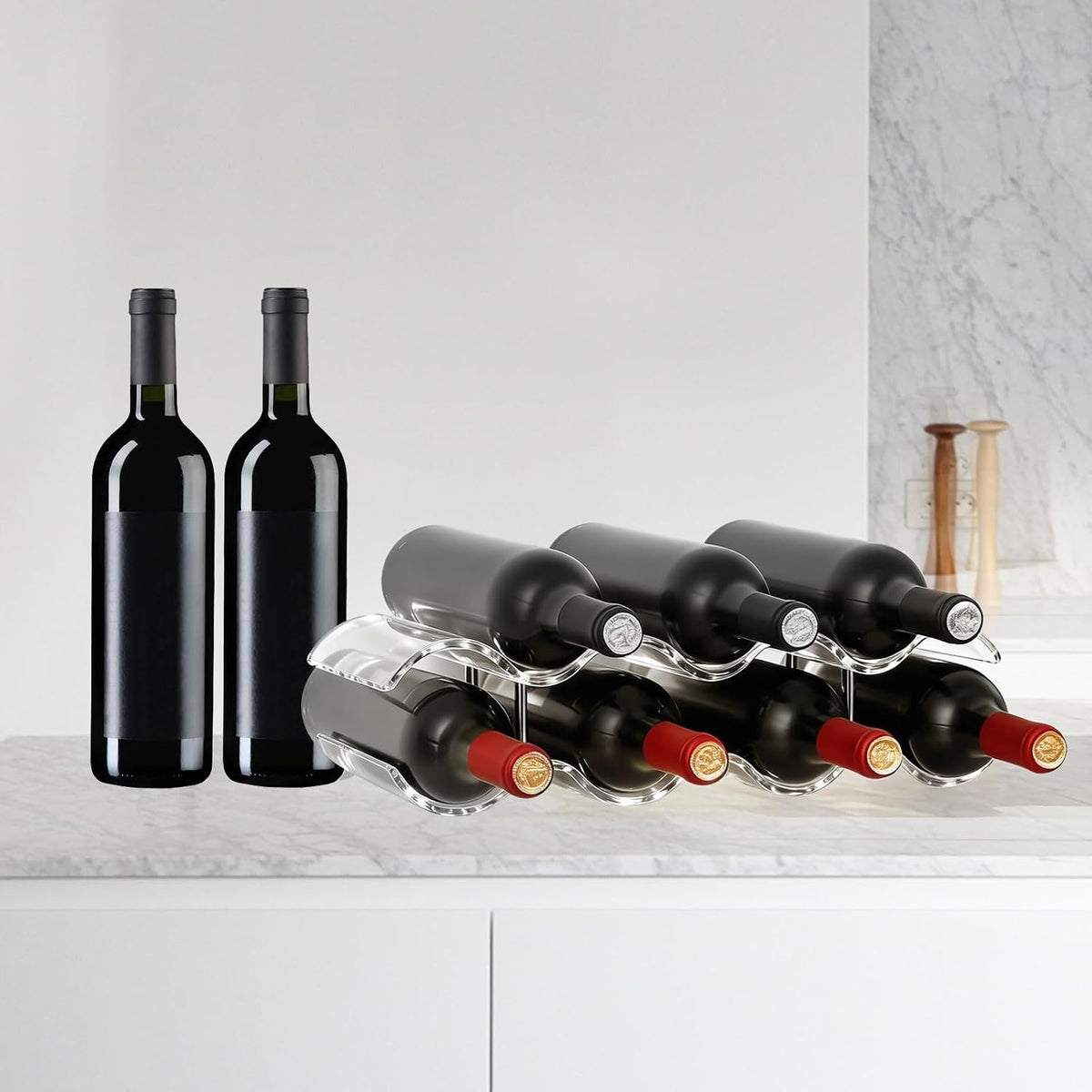 Wine Rack Countertop, Wine Rack for inside Cabinet, Acrylic Wine Holder, Wavy Wine Bottle Holder for Cabinet Pantry Home Kitchen (2 Tiers - 7 Bottles)