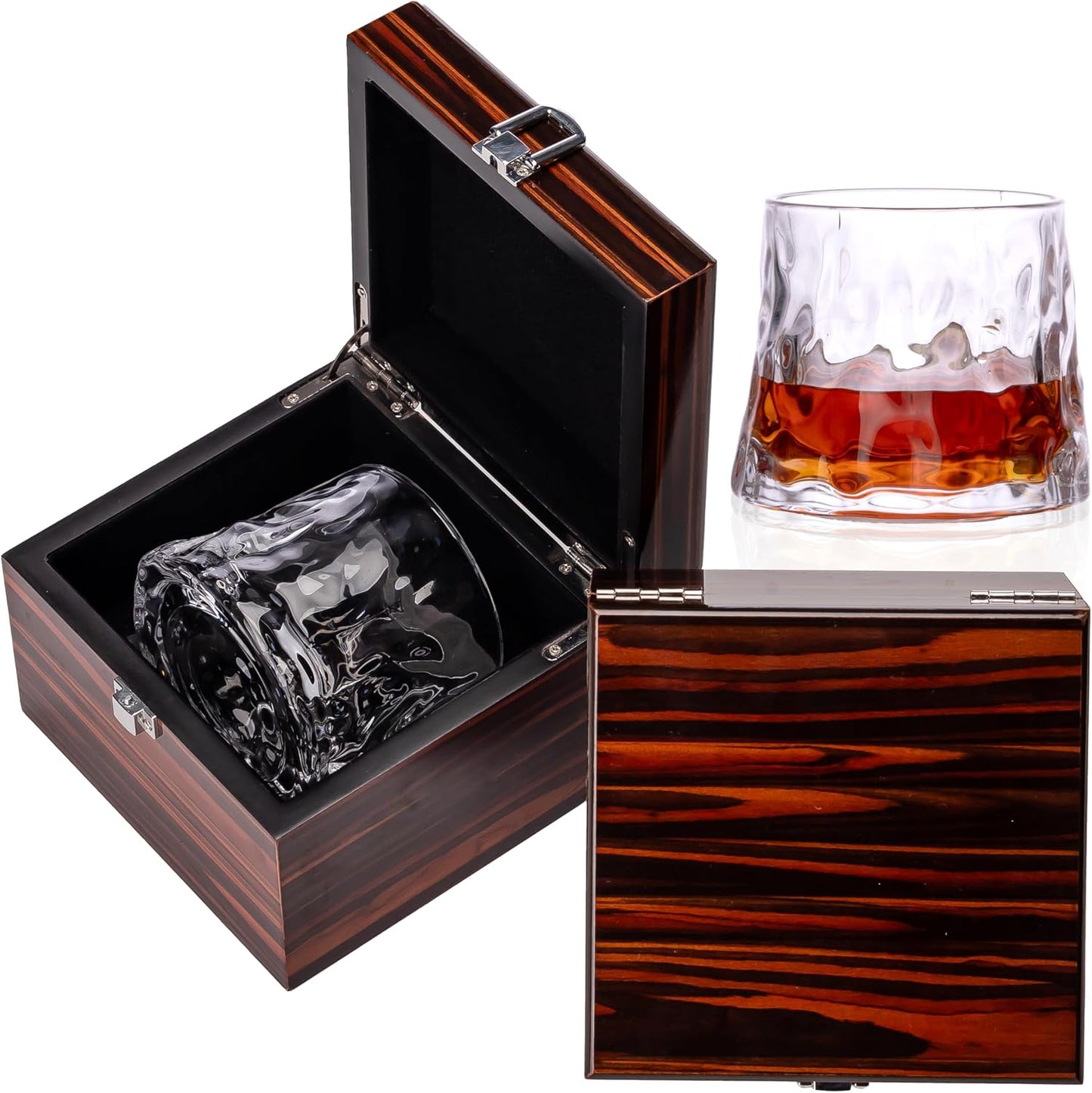 Whiskey Glass Gift Set with Premium Wood Gift Box, Crystal Bourbon Glass for Men, Dad, Husband, Birthday, Retirement, Groomsman, Christmas Gift (Volcanic)