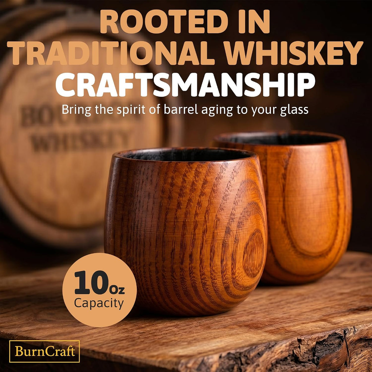 Charred Wooden Whiskey Glass Set of 2 - Artisan Bourbon Tumbler for Men - Natural Wood Drinking Cup for Whiskey Lovers - Gift for Husband, Father, Brother or Boyfriend - Gifts for Men and Father’S Day