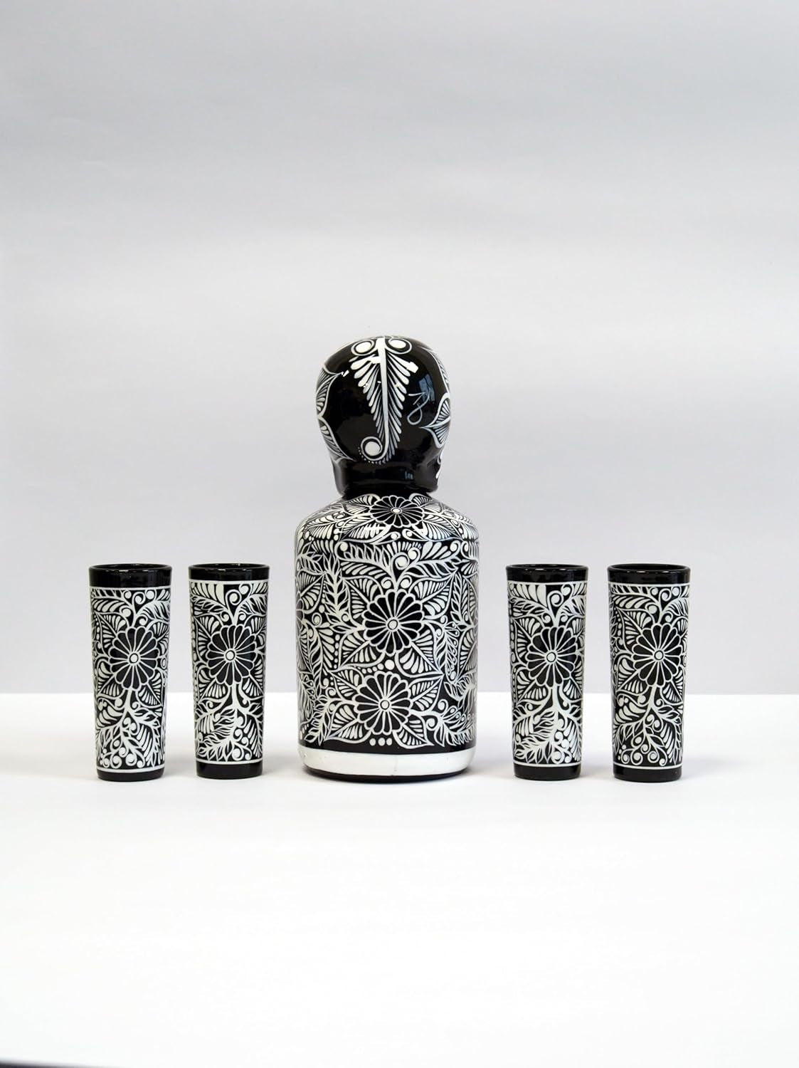 Tequila Decanter Set, Liquor Decanter with Shot Glasses and Mexican Sombrero, Hand-Painted Decanter, Skull Decanter, Bar Decoration, Unique Tequila Gift, Gift for Dad, (Black Decanter Set)