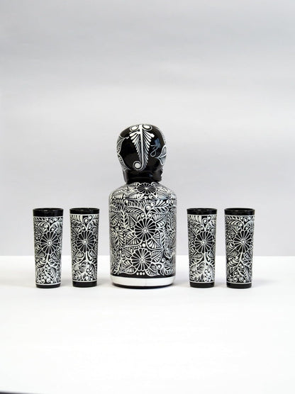Tequila Decanter Set, Liquor Decanter with Shot Glasses and Mexican Sombrero, Hand-Painted Decanter, Skull Decanter, Bar Decoration, Unique Tequila Gift, Gift for Dad, (Black Decanter Set)