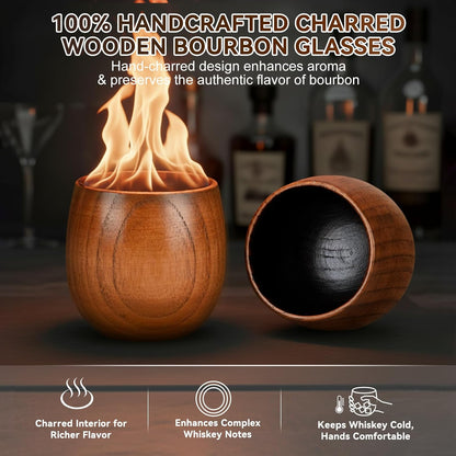 Charred Wooden Bourbon Drinking Glass Wooden Whiskey Glasses Set of 2 17-Piece Complete Whiskey Gift Set Old Fashioned Glass Bourbon Gifts for Men Dad, Husband, Brother (Silver Accents)