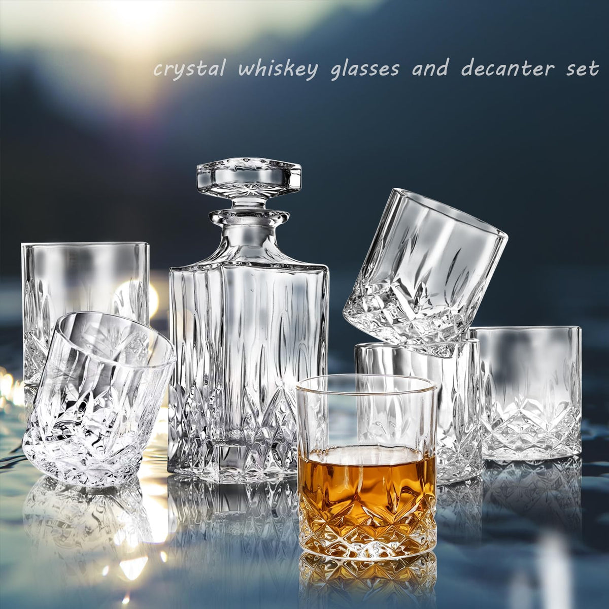Whiskey Decanter Set with 6 Glasses, 750Ml Lead-Free Crystal Liquor Decanter Gift Set for Bourbon, Scotch, Whiskey & Rum, Home Bar Decanter Set for Men