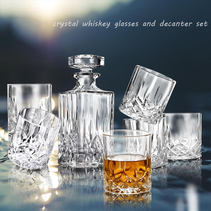 Whiskey Decanter Set with 6 Glasses, 750Ml Lead-Free Crystal Liquor Decanter Gift Set for Bourbon, Scotch, Whiskey & Rum, Home Bar Decanter Set for Men