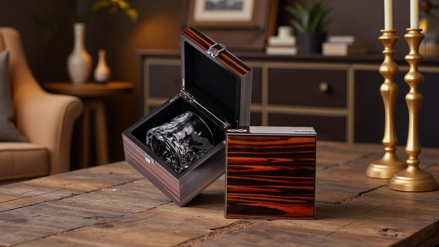 Whiskey Glass Gift Set with Premium Wood Gift Box, Crystal Bourbon Glass for Men, Dad, Husband, Birthday, Retirement, Groomsman, Christmas Gift (Volcanic)