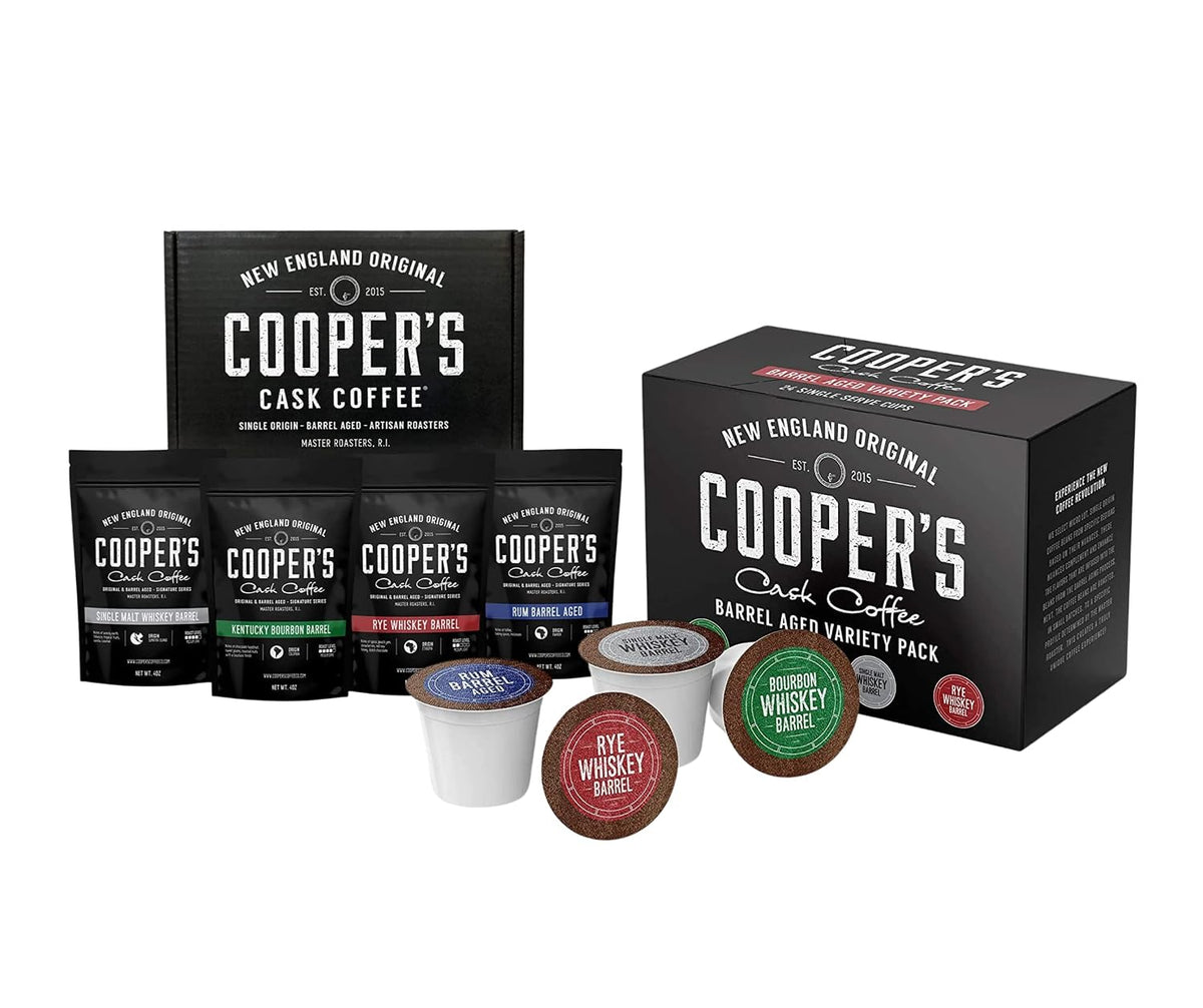 Bourbon Barrel Aged Coffee 24Ct Variety Pack Set and Bourbon & Whiskey Barrel Aged Coffee - Ground - 4-Bag Coffee Set 160Z