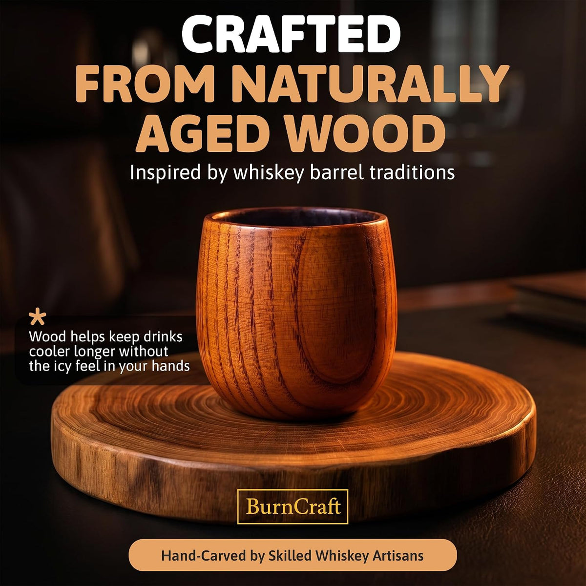 Charred Wooden Whiskey Glass Set of 2 - Artisan Bourbon Tumbler for Men - Natural Wood Drinking Cup for Whiskey Lovers - Gift for Husband, Father, Brother or Boyfriend - Gifts for Men and Father’S Day