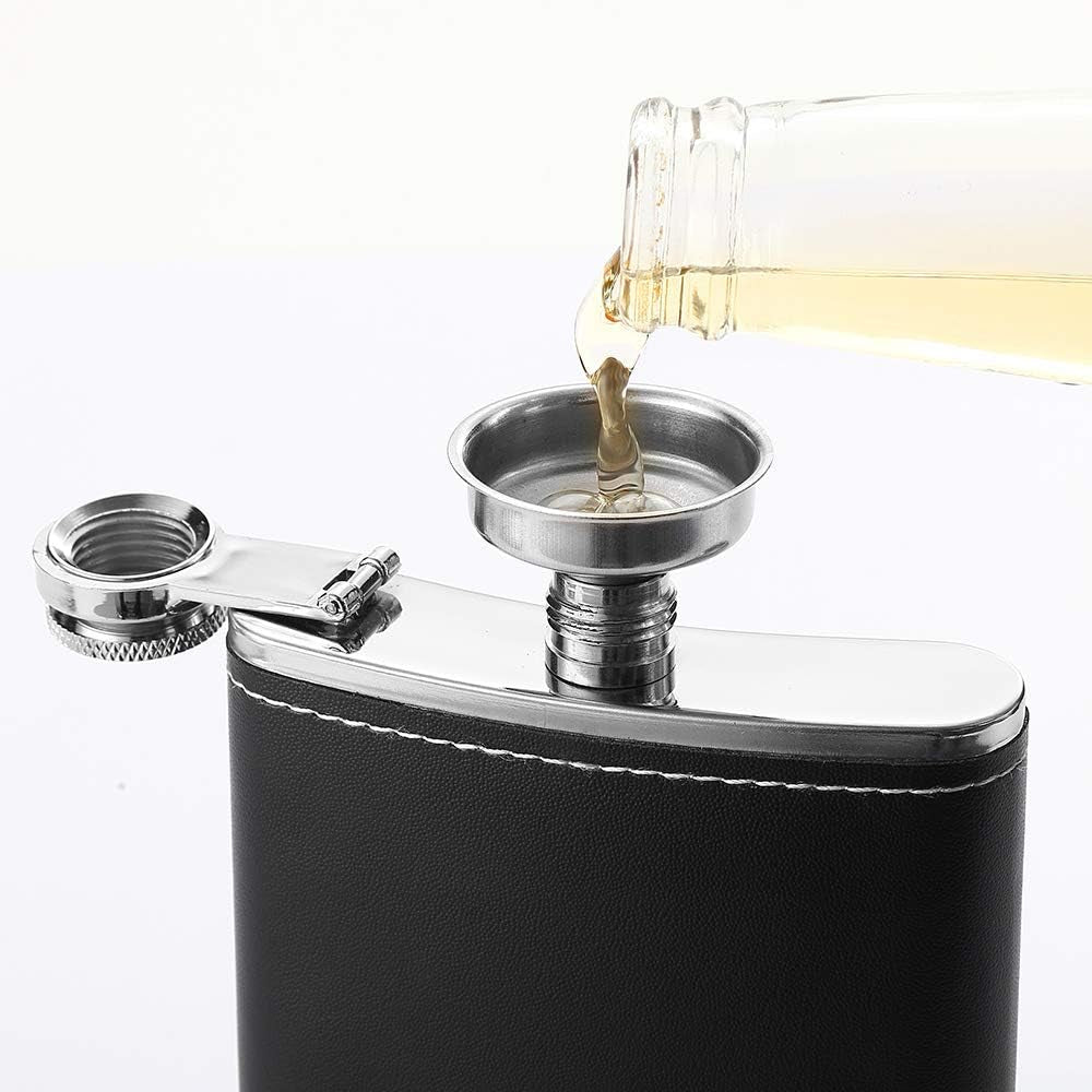 1 Pack Flask for Liquor and Funnel, Premium 8 Oz Leak Proof 18/8 Stainless Steel Pocket Hip Flask with Black Leather Cover, Great Gift Idea