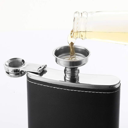1 Pack Flask for Liquor and Funnel, Premium 8 Oz Leak Proof 18/8 Stainless Steel Pocket Hip Flask with Black Leather Cover, Great Gift Idea