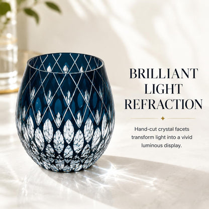 Blue Kiriko-Inspired Whiskey Glass with Gift Box, 10.8 Oz | Blue Hand-Cut Crystal Tumbler for Bourbon, Scotch, Old Fashioned Cocktails, Whiskey Stones and Gifting