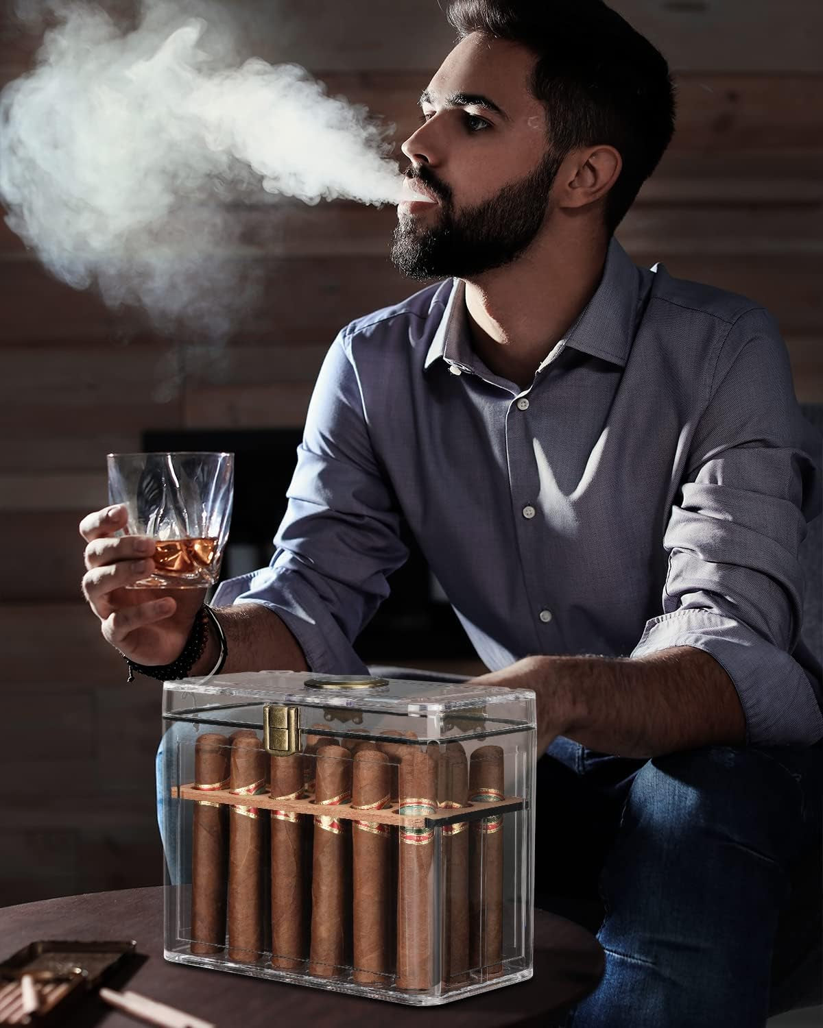 Cigar Humidor, Acrylic Humidor Cigar Box, Cigar Accessories with Hygrometer & Humidifier, Cigar Gifts for Men, Humidor with Cedar Wood Tray, Cigar Case Fits 18-50 Cigars, Cigar Box Gift