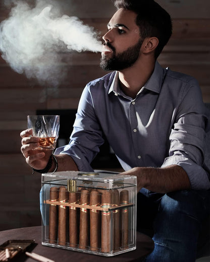 Cigar Humidor, Acrylic Humidor Cigar Box, Cigar Accessories with Hygrometer & Humidifier, Cigar Gifts for Men, Humidor with Cedar Wood Tray, Cigar Case Fits 18-50 Cigars, Cigar Box Gift