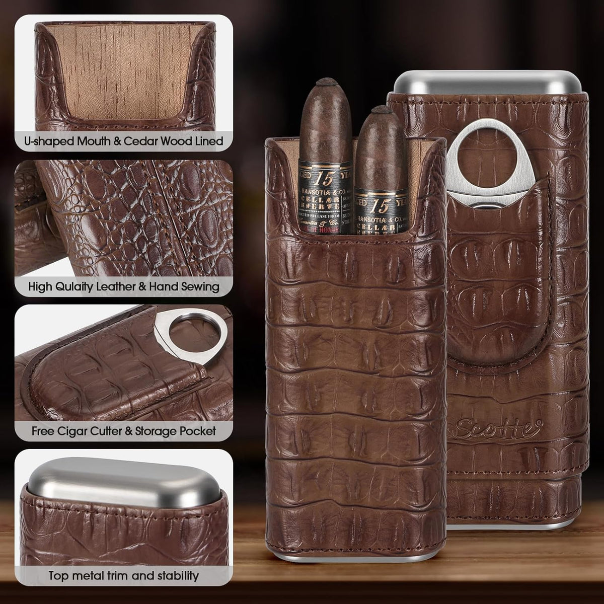 Cigar Humidor Case/Jar,Leather Cigar Case Cedar Wood Lined Cigar Box