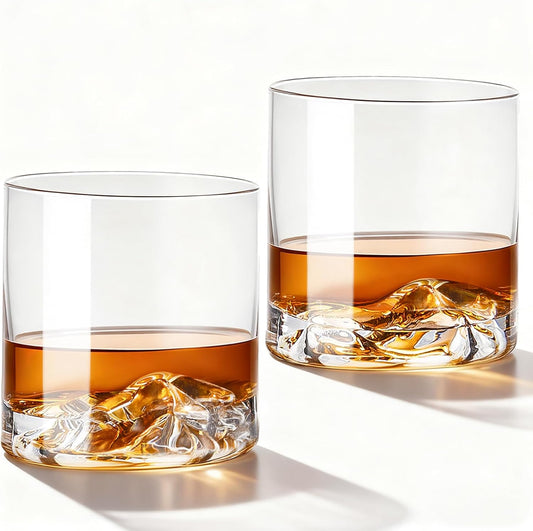 Whiskey Glasses Set of 2, 11Oz Old Fashioned Glasses, Hand-Blown Lead-Free Crystal, Iceberg Base, Durable Heavy Bottom Tumblers — Perfect Whiskey Gifts for Men, Minimalist Rustic Gift Box Included