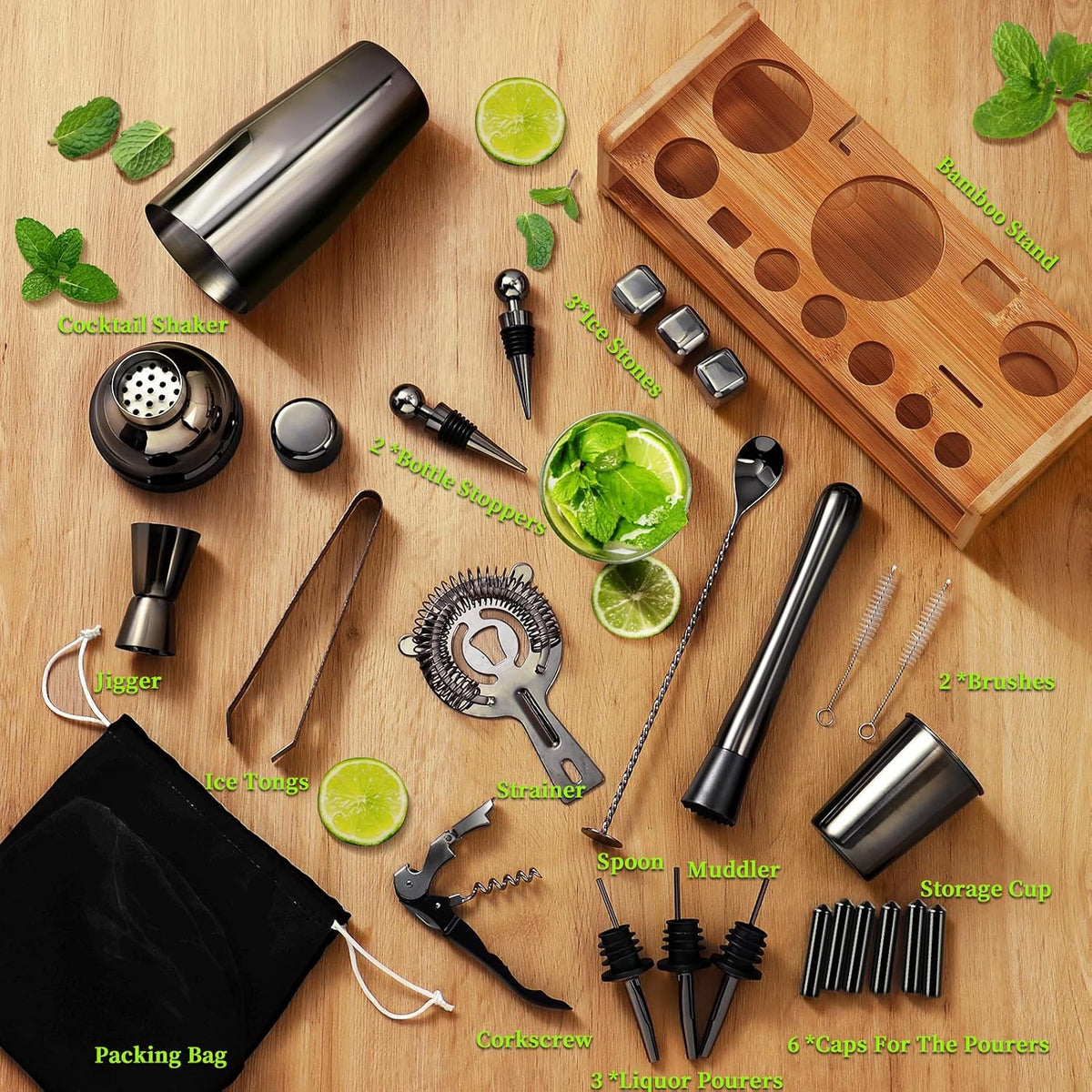 26-Piece Bartender Kit Cocktail Shaker Set | Stainless Steel Bar Set with Bamboo Stand Bar Tools Cocktail Kit for Christmas Drink Mixing,Home Bar Party Gift Bartending Kit Black