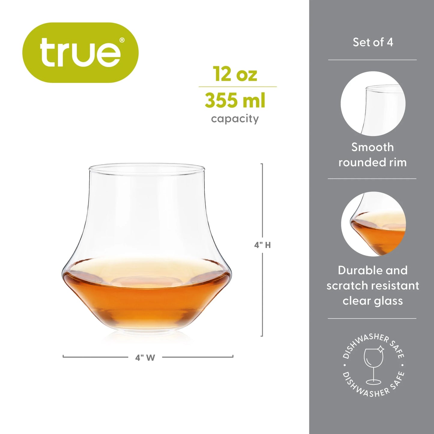 Whiskey Glasses, Drinking Glasses for Bourbon, Scotch, 12 Oz, Set of 4