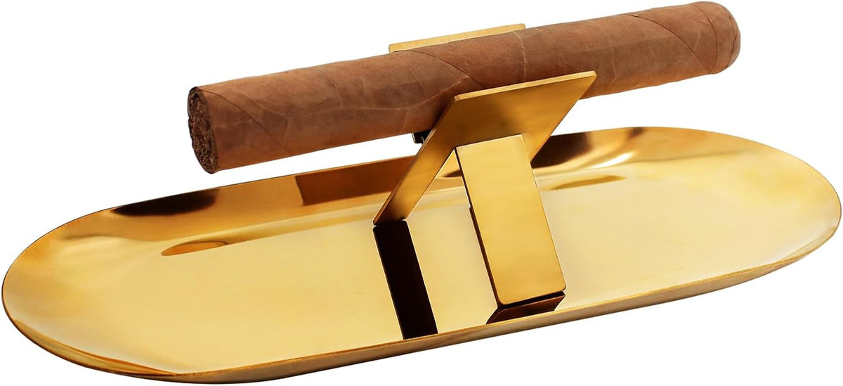 Foldable Cigar Stand Holder with Gold Cigar Ashtray Tray,Stainless Steel Portable Cigardisplay Shelf Tray and Cigar Travel Holder Rest for Cigar Lovers (Gold)