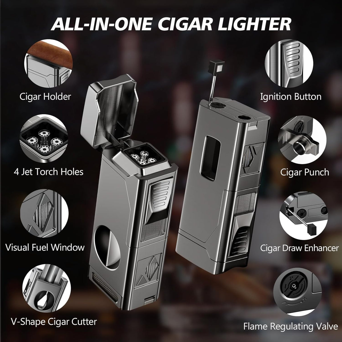 Cigar Torch Lighter, 4 Jet Flame Cigar Lighter with Cigar Cutter V Cut Cigar Accessories Cigar Holder Cigar Punch Cigar Draw Enhancer, Windproof Refillable Butane Lighter, Cigar Gifts for Men