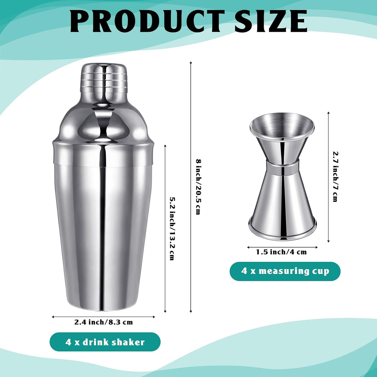 Cocktail Shaker Set Martini Shaker Bulk Stainless Steel Martini Mixer with Strainer and Double Measuring Jigger for Bar Party Home Use Wine Bar(18 Oz/ 550 Ml,4 Packs)