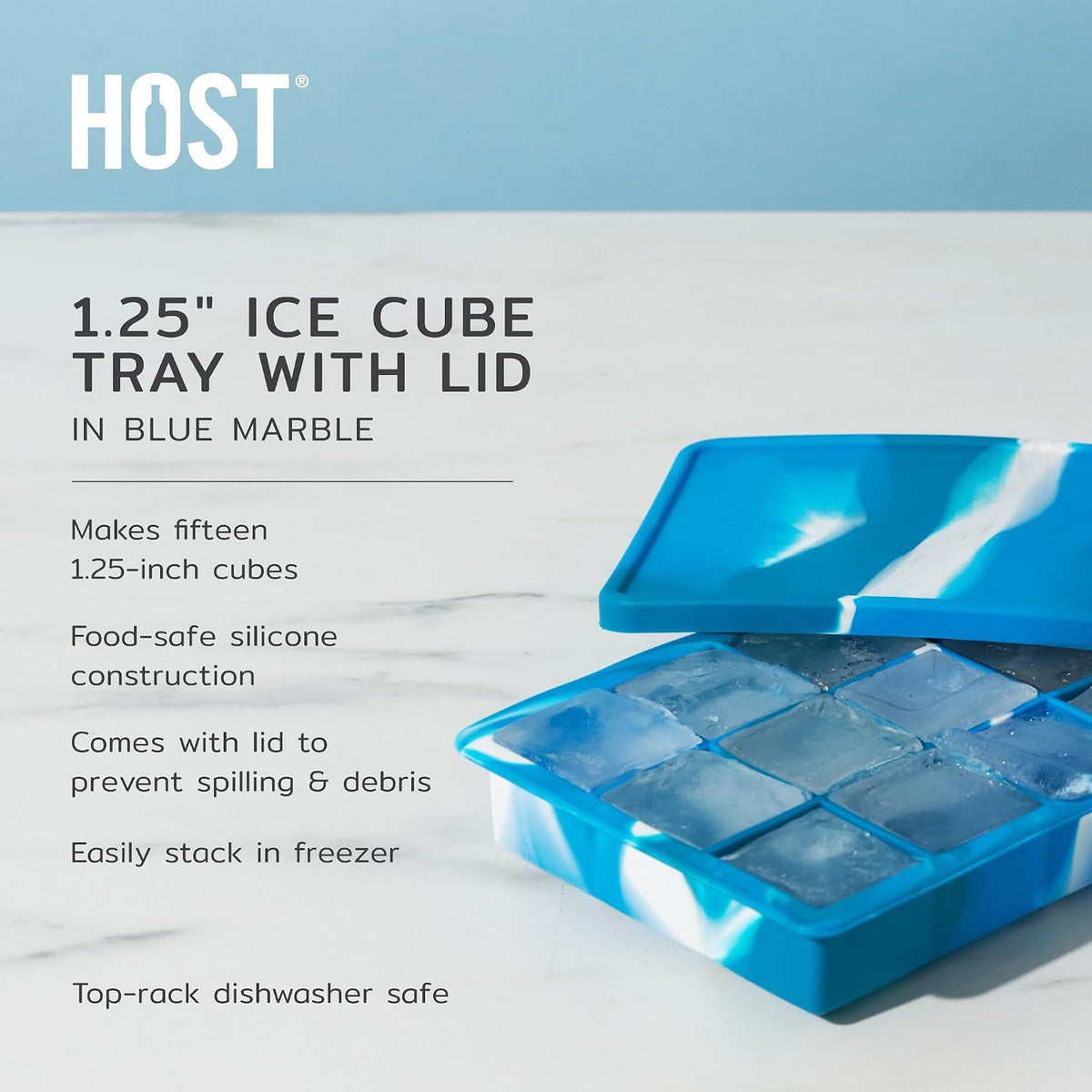 Ice Cube Tray with Lid, Makes 15 1.25" Cubes, Durable Silicone Trays, Perfect for Cocktails, Beverages, Mocktails, Iced Coffee, Tea, Infused Water, Kitchen Essentials, Set of 1, Blue Marble