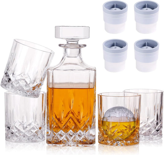 Crystal Whiskey Decanter Set in Gift Box - Includes 4 Crystal Whiskey Glasses and 4 Big Ice Ball Molds - Unique Whiskey Gift for Men