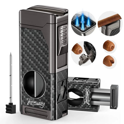 Cigar Lighter 4 Jet Flame Cigar Lighters with Cigar Cutter Cigar Accessories Cigar Draw Enhancer Windproof Refillable Butane