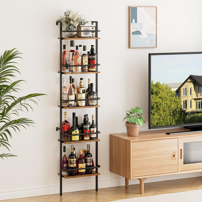 5-Tier Wine Rack Wall Mounted, Wine Racks Freestanding Floor with Fences, 50 Bottles Wine Bottle Holder Liquor Cabinet Bar Shelves for Home, Kitchen, Dining Room (Brown)