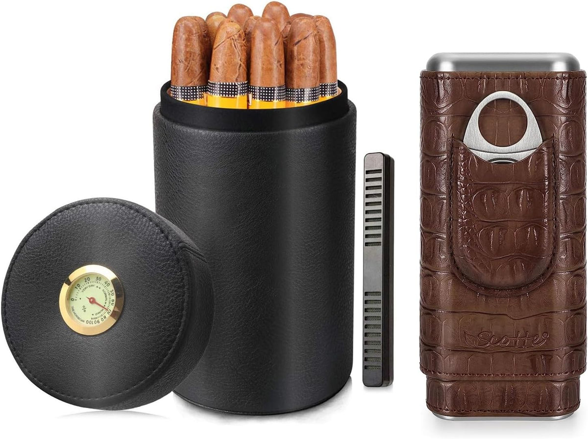 Cigar Humidor Case/Jar,Leather Cigar Case Cedar Wood Lined Cigar Box