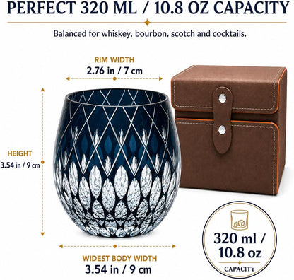 Blue Kiriko-Inspired Whiskey Glass with Gift Box, 10.8 Oz | Blue Hand-Cut Crystal Tumbler for Bourbon, Scotch, Old Fashioned Cocktails, Whiskey Stones and Gifting